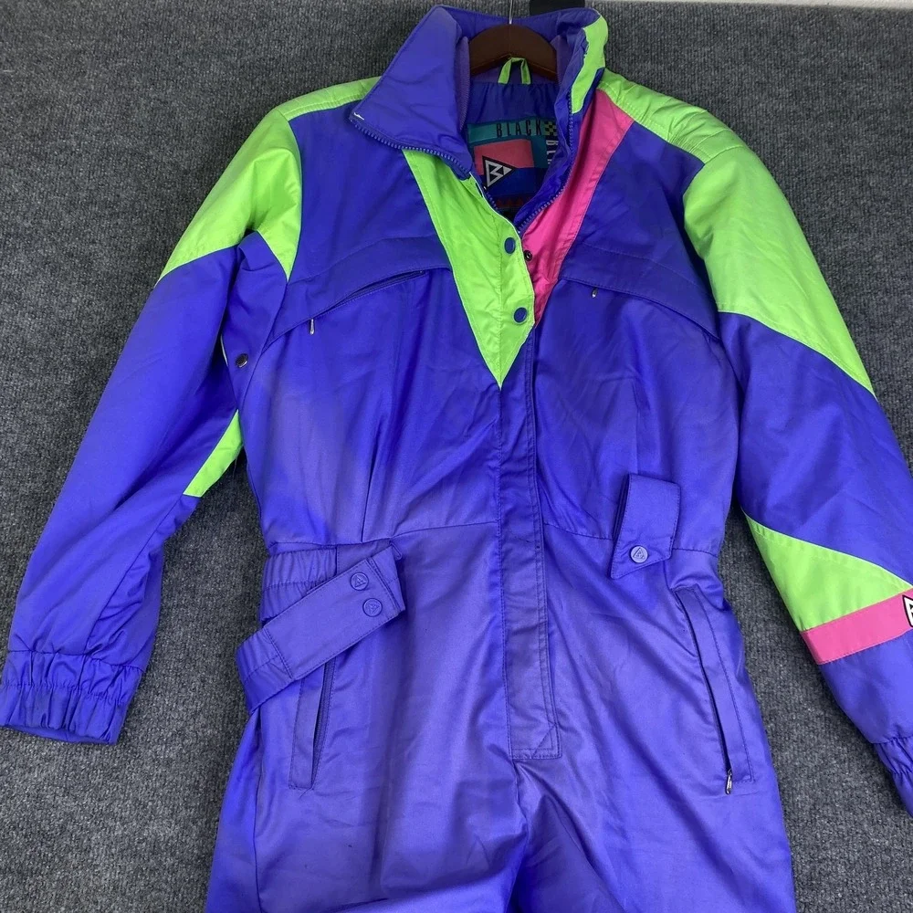 Vintage Black Bear Ski Jumpsuit Womens Small Purple Neon Colorblock RECCO 80s - Picture 2 of 13